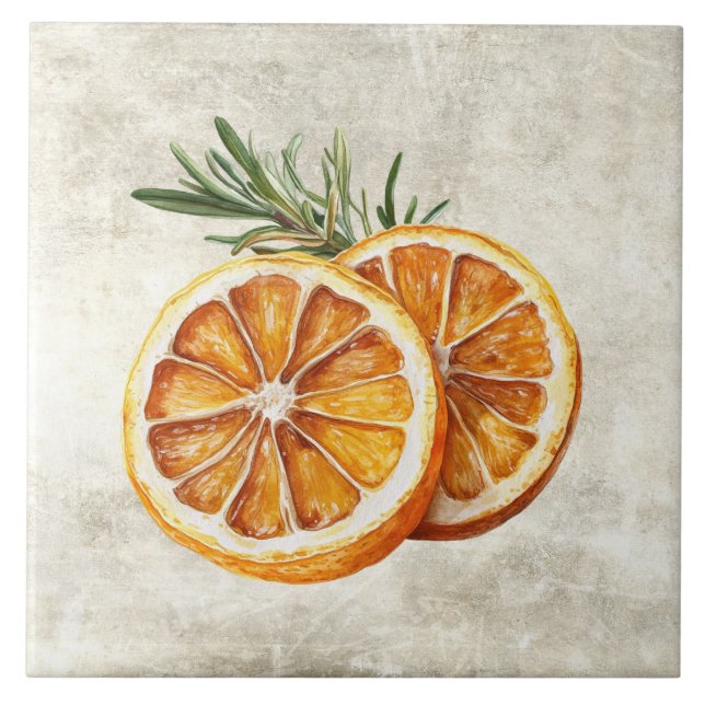 Azulejo Hierbas de acuarela rústica Romero Naranjas  (Frente)