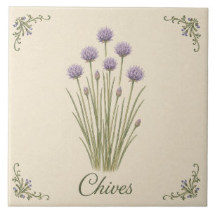 Azulejo Hierbas de cocina botánicas de cebollino morado vi