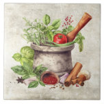Azulejo Hierbas de verduras rusticas Cocina de textura fal<br><div class="desc">Fondo rústico de textura falsa con hierbas y verduras secadas en una urna de mármol. Variedad si también hay especias en este diseño de casa de campo. Un estilo de campo vintage. Perfecto para su casa de campo francesa o casa de campo.</div>