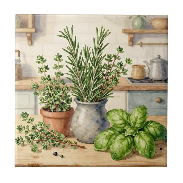 Azulejo Hierbas frescas de cocina acuarela (Frente)