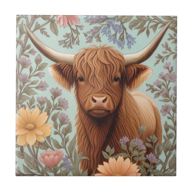 Azulejo Highland Cow Pastel William Morris Inspired Floral (Frente)