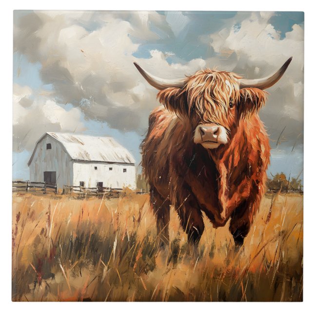 Azulejo Highland Cow White Barn Rustic (Frente)