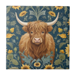 Azulejo Highland Cow William Morris estilo Yellow Sunflowe