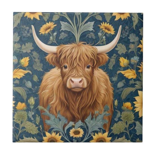 Azulejo Highland Cow William Morris estilo Yellow Sunflowe (Frente)