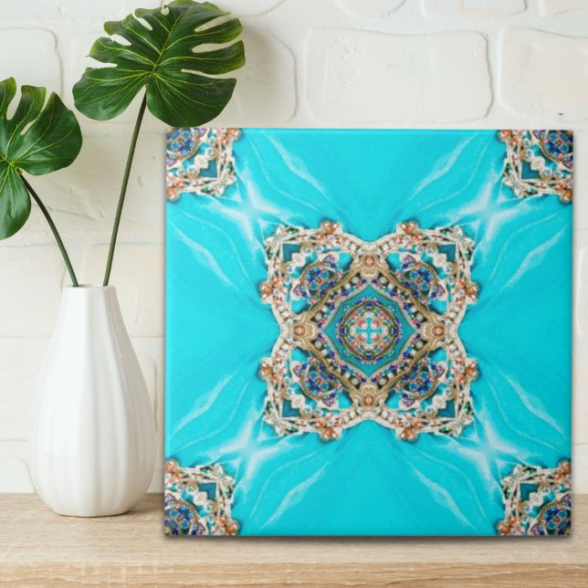 Azulejo Hippie gitano Étnico turquesa aqua azul bohemio (Hippie Gypsy Ethnic turquoise aqua blue bohemian Ceramic Tile)