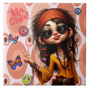 Azulejo Hippie Quirky Chica Vibe Check Tile Cerámico