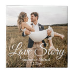 Azulejo historia de amor, aniversario de foto boda elegant<br><div class="desc">historia de amor,  caligrafía blanca clásica,  azulejos de cerámica fotográfica boda</div>