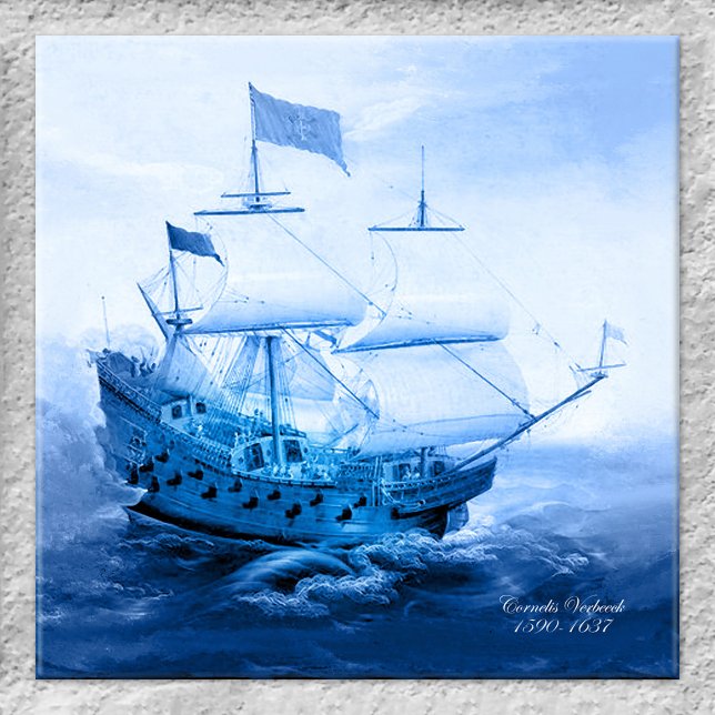 Azulejo Histórico velero holandés Delft Blue Tile (Tile showing a painting by Dutch artist Cornelis Verbeeck of a historic sailboat in Delft blue)