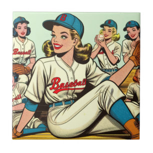 Azulejo Historietas de Chicas de béisbol retro cute