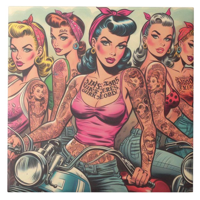 Azulejo Historietas de Chicas de motociclistas tatuajes (Frente)