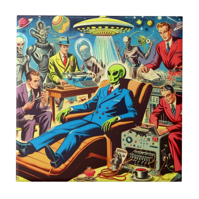 Azulejo Historietas Retro De Ufo Alien Sci-fi (Frente)