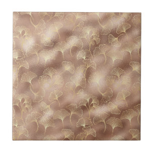 Azulejo Hoja de Ginkgo Rosa con Acentos de Oro de Lujo