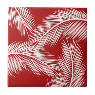 Azulejo Hojas blancas de palma en el fondo de color rojo