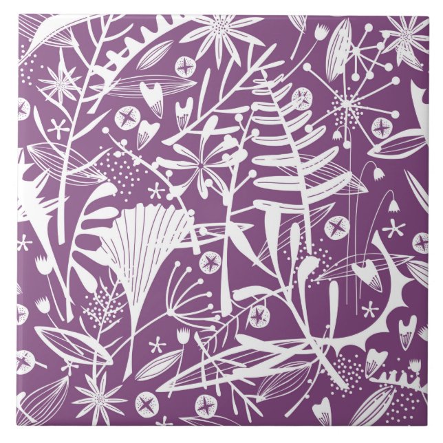Azulejo Hojas botánicas y flores moradas (Frente)