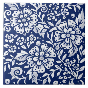 Azulejo Hojas de flor floral azul de la Marina de Cobalto 
