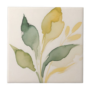 Azulejo Hojas de Follaje de Acuarela Verde Grisáceo Dorado