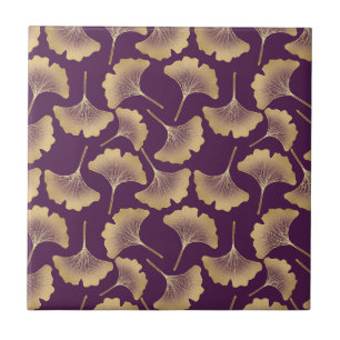 Azulejo Hojas de Ginkgo doradas de lujo sobre fondo púrpur
