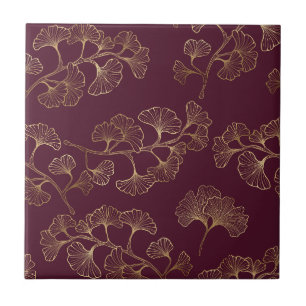 Azulejo Hojas de Ginkgo doradas lujosas sobre burdeos prof