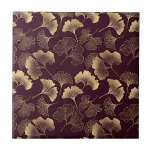 Azulejo Hojas de Ginkgo doradas lujosas sobre burdeos prof