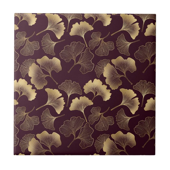 Azulejo Hojas de Ginkgo doradas lujosas sobre burdeos prof (Frente)