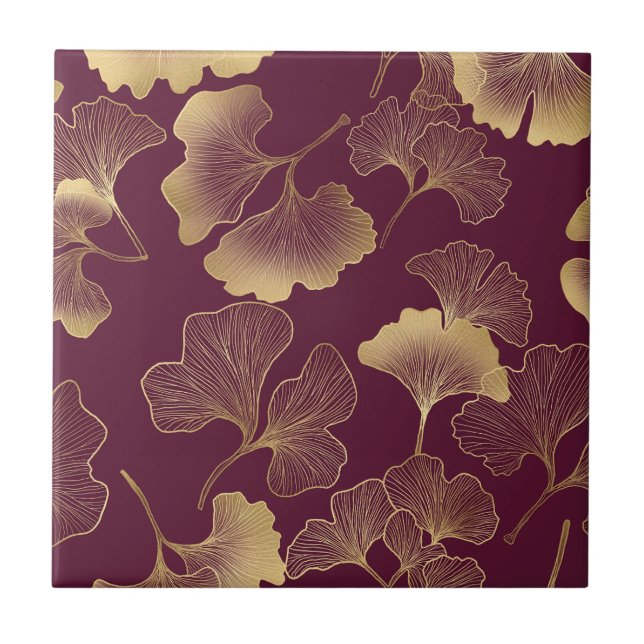 Azulejo Hojas de Ginkgo doradas lujosas sobre burdeos prof (Frente)