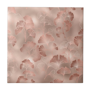 Azulejo Hojas de Ginkgo en Rosa Dorado Elegante Botánico
