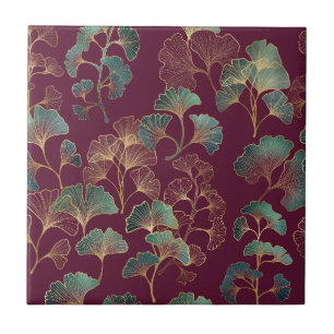 Azulejo Hojas de Ginkgo en Verde Azul y Dorado sobre Burde