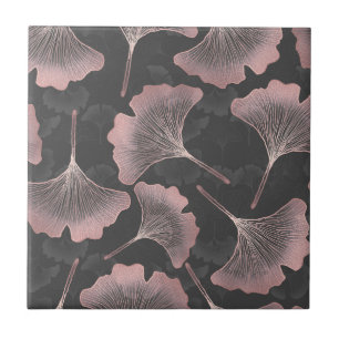 Azulejo Hojas de Ginkgo rosadas elegantes sobre fondo negr