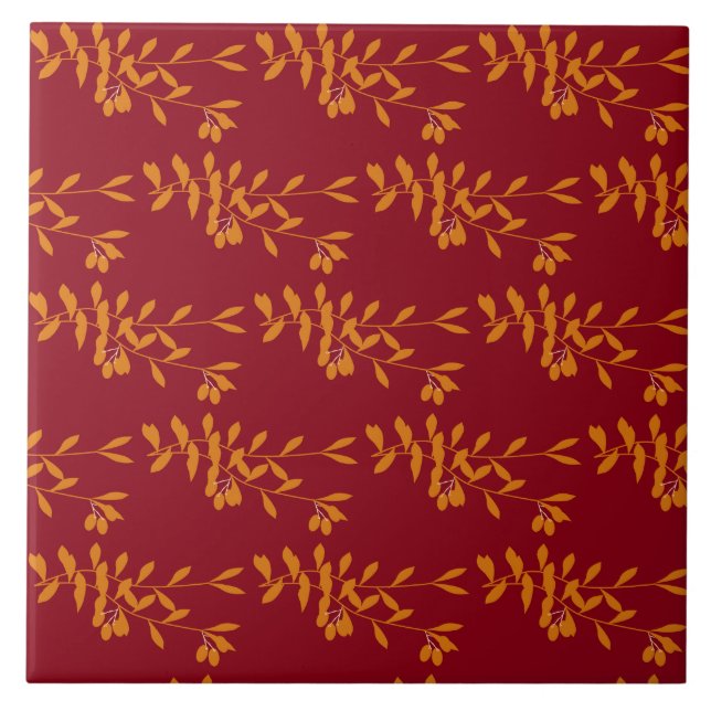 Azulejo hojas de la rama de silueta naranja en rojo (Frente)