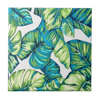Azulejo Hojas de Monstera Tropical y Verde Azul Bananero