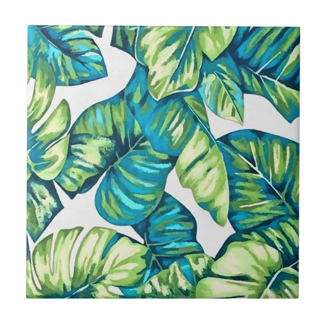 Azulejo Hojas de Monstera Tropical y Verde Azul Bananero (Frente)