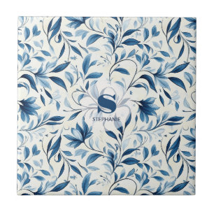 Azulejo Hojas de Paisley Azules Elegantes - Fondo Blanco