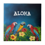 Azulejo Hojas de palma de loros de cielo azul tropical Alo<br><div class="desc">Aves tropicales,  loros en azul,  amarillo y rojo sentados sobre hojas de palma verdes. Decorado con flores tropicales. Un cielo azul oscuro como fondo. Grandes letras blancas y el texto: Aloha Decoración perfecta para tu casa de verano o casa de playa!</div>