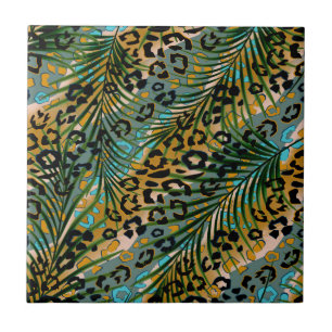 Azulejo Hojas de palma sobre un fondo de leopardo.