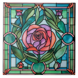 Azulejo Hojas de Rosa Ornate Wreath Stained Glass Style