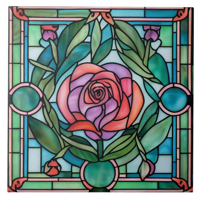 Azulejo Hojas de Rosa Ornate Wreath Stained Glass Style (Frente)