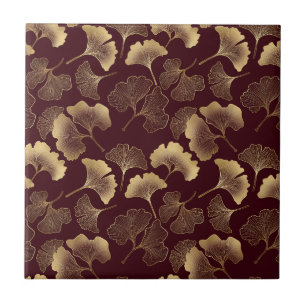 Azulejo Hojas doradas de Ginkgo en botánica elegante roja