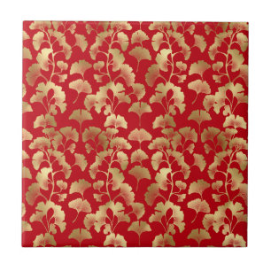 Azulejo Hojas doradas de Ginkgo sobre elegante botánico ro