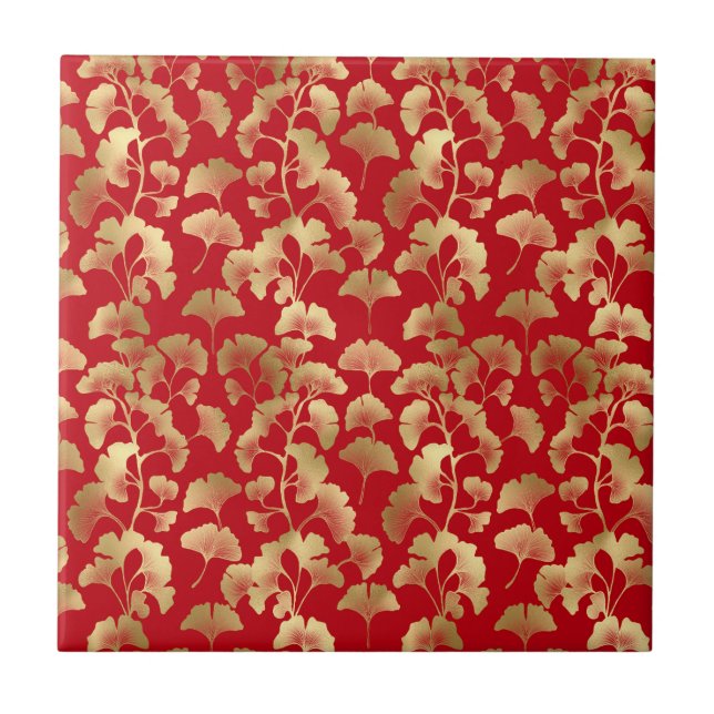 Azulejo Hojas doradas de Ginkgo sobre elegante botánico ro (Frente)
