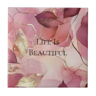 Azulejo Hojas doradas rosa rubor burdeos 