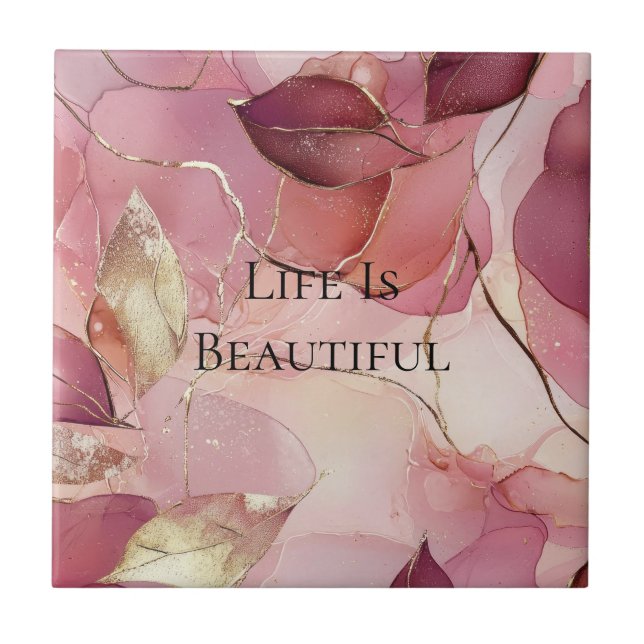 Azulejo Hojas doradas rosa rubor burdeos  (Frente)