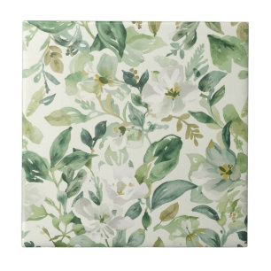 Azulejo Hojas florales de acuarela verde botánica Naturale