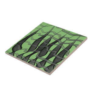 Azulejo Hojas Florales De Color Negro Y Gris Abstracto