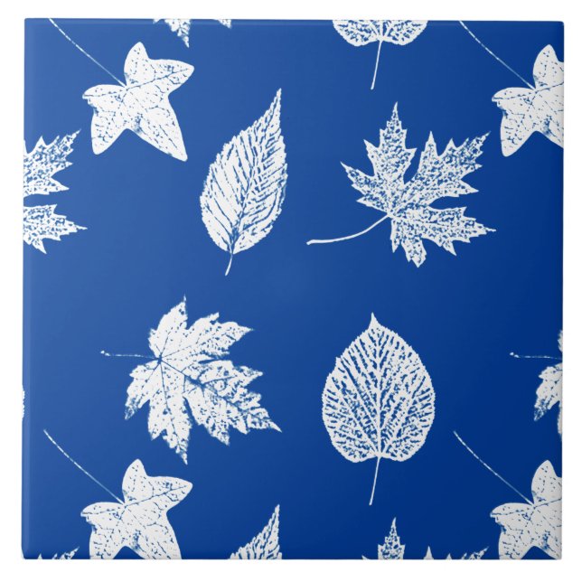 Azulejo Hojas otoñales - azul blanco y cobalto (Frente)