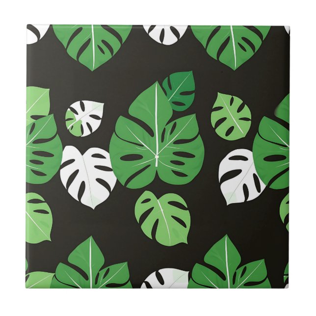 Azulejo Hojas Tropicales de Monstera en Fondo Negro  (Frente)