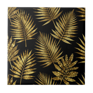 Azulejo Hojas Tropicales Doradas Patrón de Lujo