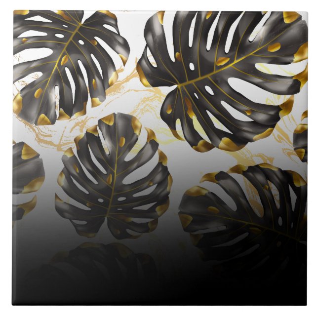 Azulejo Hojas tropicales negras y doradas (Frente)