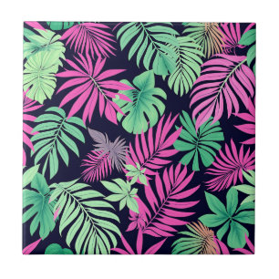 Azulejo Hojas Tropicales Vibrantes Patrón Neón