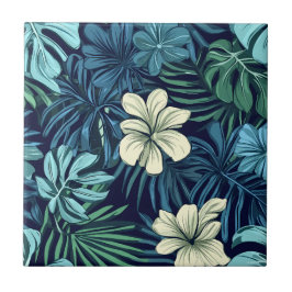 Azulejo Hojas tropicales y flores verde azul