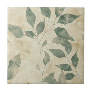 Azulejo Hojas Verdes Rústicas Vintage sobre Caída de Crema